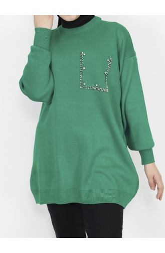 Pearl And Stone Patterned Knitwear Tunic 8048-03 Green 8048-03