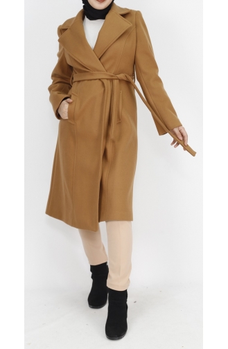 Manteau Tissu Estampé à Nouer à La Taille 11019-02 Tan 11019-02