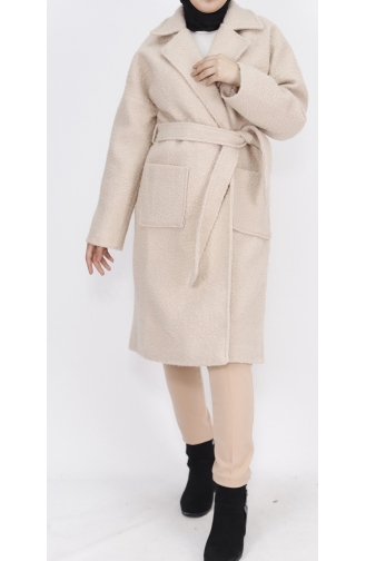 Double Breasted Collar Pocket Detailed Lamb Feather Coat 8101-02 Stone 8101-02