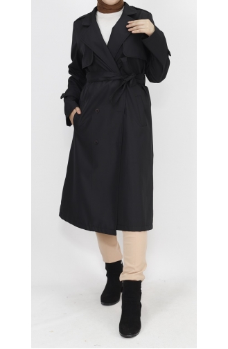 Middellange Trenchcoat Van Stof Met Strikceintuur 11010-01 Zwart 11010-01