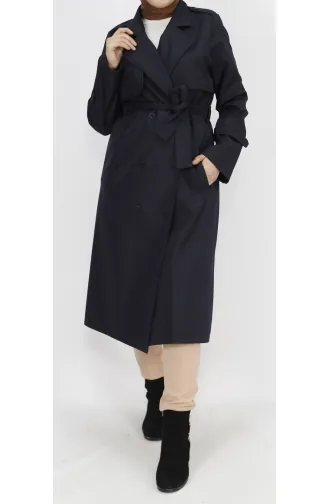 Mittellanger Trenchcoat Aus Stoff Mit Taillenschnürung 11010-01 Schwarz 11010-01