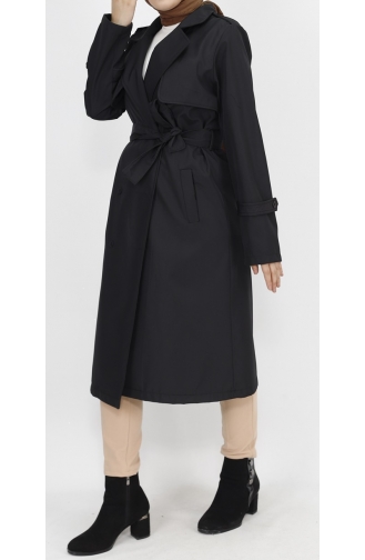 Middellange Trenchcoat Van Stof Met Strikceintuur 11010-01 Zwart 11010-01