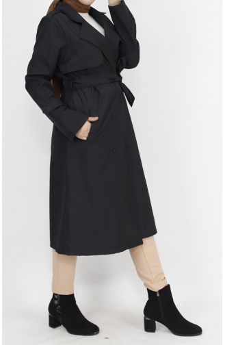 Middellange Trenchcoat Van Stof Met Strikceintuur 11010-01 Zwart 11010-01