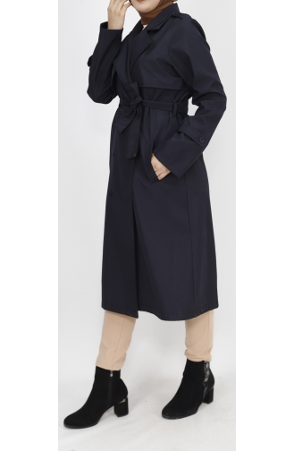 Fabric Tie Waist Medium Length Trench Coat 11010-02 Navy Blue 11010-02