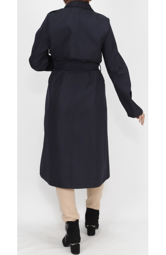 Fabric Tie Waist Medium Length Trench Coat 11010-02 Navy Blue 11010-02