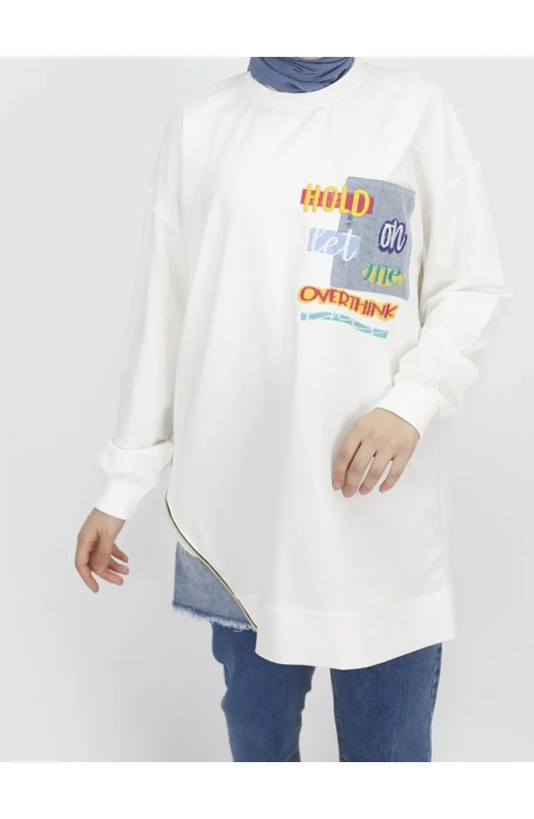 Embroidery Detailed 2 Thread Fabric Sweatshirt 3165-02 Ecru 3165-02