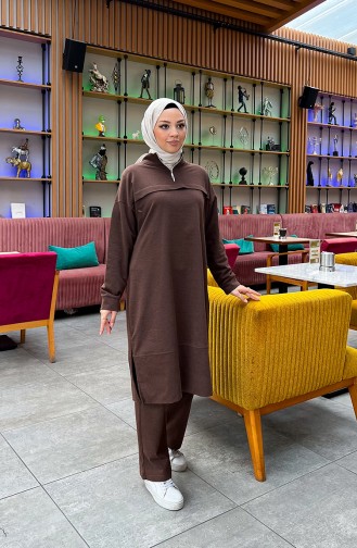 iki İplik Fermuarlı Eşofman Takım 3062-11 Kahverengi
