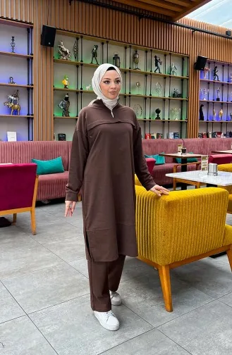 بدلة رياضية بخيطين وسحاب 3062-11 لون بني 3062-11