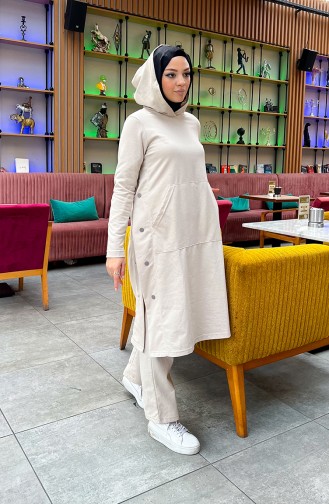 Snap Fastener Detailed Two Thread Tracksuit 3071-02 Beige 3071-02