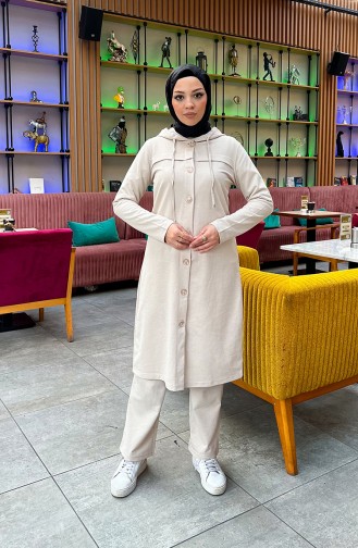 Buttoned Hooded Tracksuit 3072-04 Beige 3072-04