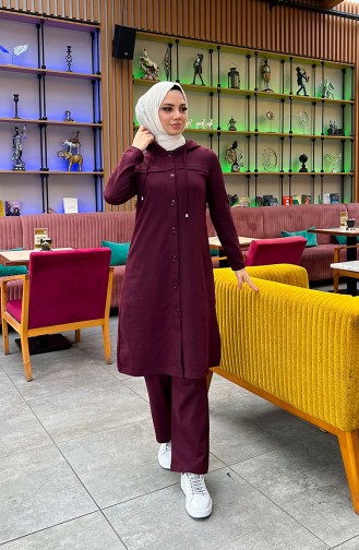 Buttoned Hooded Tracksuit Set 3072-05 Claret Red 3072-05