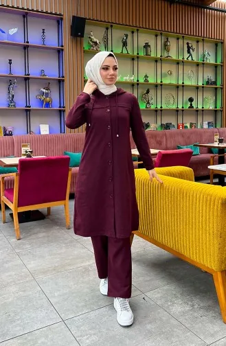طقم رياضي مزود بغطاء للرأس وأزرار 3072-05 لون خمري 3072-05