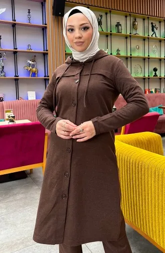 بدلة رياضية بقبعة وأزرار 3072-11 لون بني 3072-11