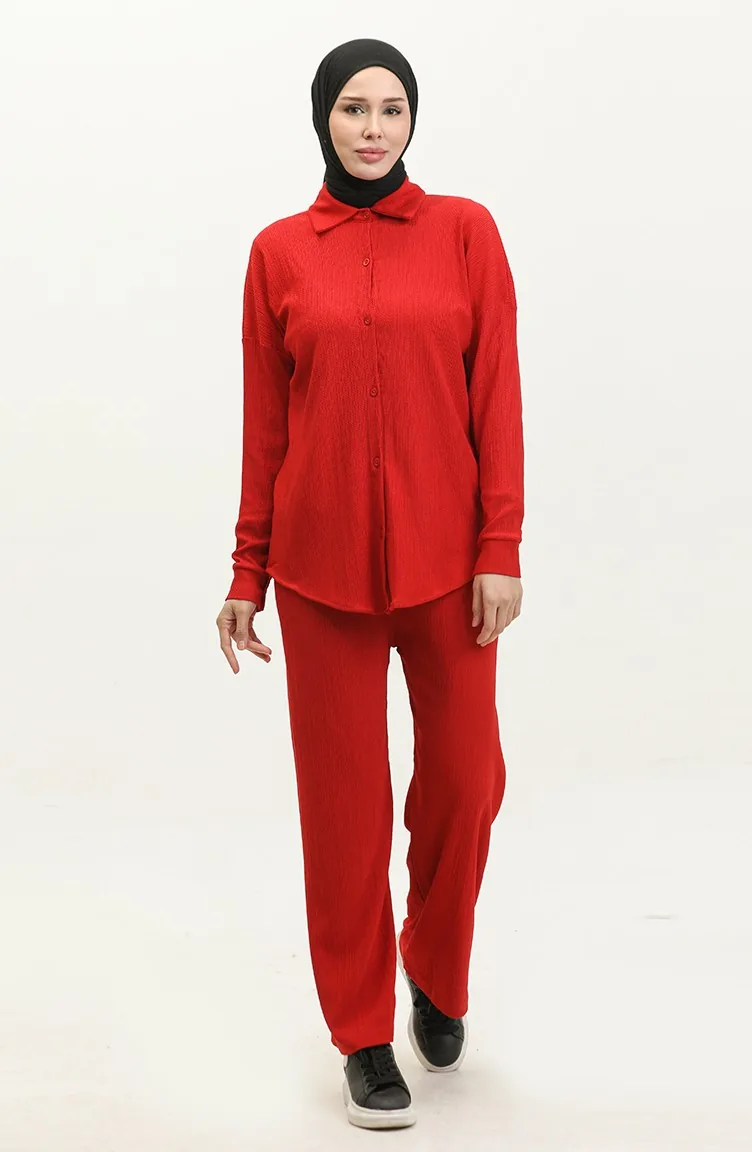 Burgu Ensemble Deux Pièces Tunique Pantalon En Tissu 20031-02 Rouge Claret 20031-02