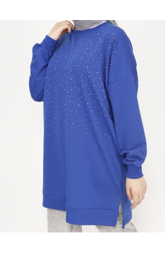 Taş Baskılı 2 İp Kumaş Sweatshirt 3172-01 Saks