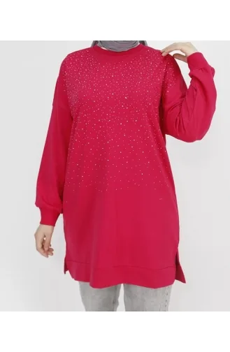 Sweatshirt Van 2-draads Stof Met Steenprint 3172-04 Fuchsia 3172-04
