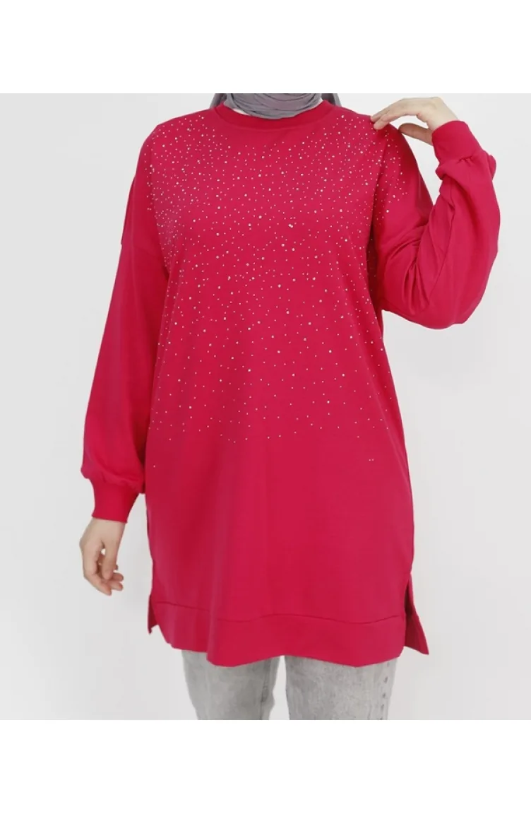 Sweatshirt Van 2-draads Stof Met Steenprint 3172-04 Fuchsia 3172-04