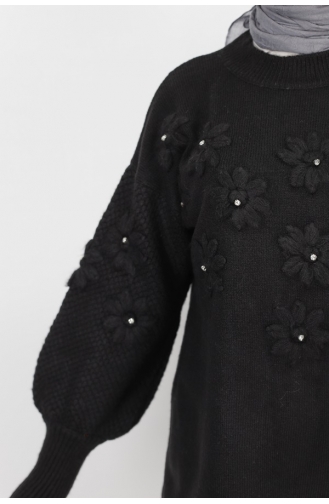 Stone And Flower Motif Detailed Knitwear Tunic 1036-01 Black 1036-01
