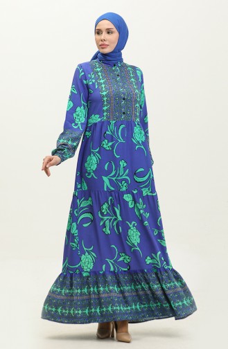 فستان فيسكوز منقوش بأزرار 0303-01 أخضر أزرق ملكي 0303-01