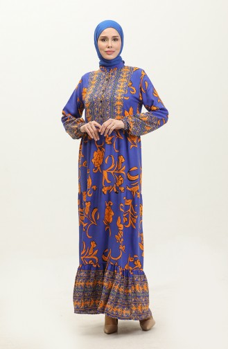 فستان فيسكوز منقوش بأزرار 0303-03 برتقالي أزرق ملكي 0303-03