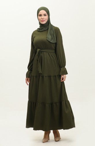 Flounced Sleeve Belted Dress 0304-01 Khaki 0304-01