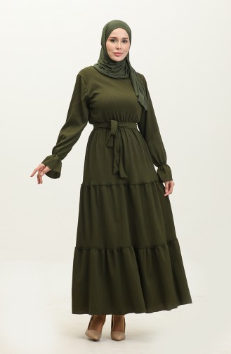 فستان سادة طويل بحزام NZR003B-01 أخضر عسكري  003B-01