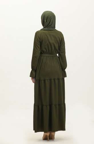 فستان سادة طويل بحزام NZR003B-01 أخضر عسكري  003B-01