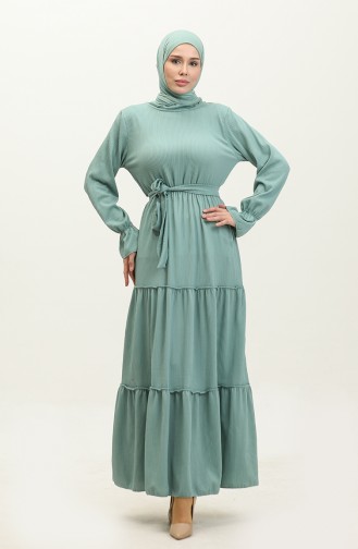 Hafza Skirt Double Layer Shirred Dress NZR003B-02 Çağla Green 003B-02