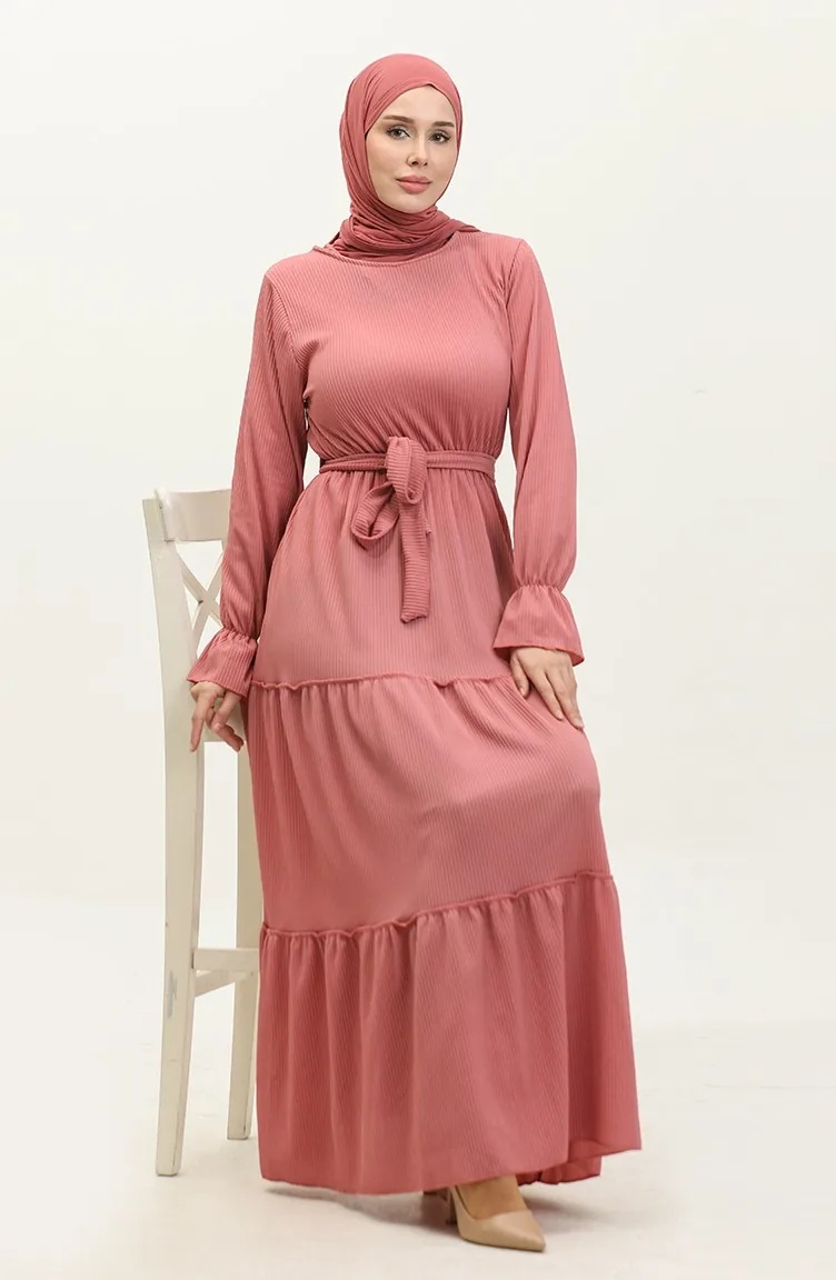 Robe Ceinturée Manches Volants 0304-03 Rose Poudré 0304-03