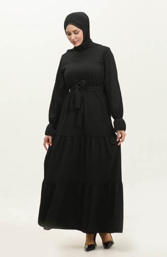 Kuşaklı Volanlı Kuşaklı Elbise 0304-04 Siyah