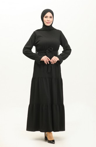 Kuşaklı Volanlı Kuşaklı Elbise 0304-04 Siyah