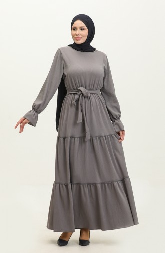 Belted Dress With Flounce Sleeves 0304-05 Gray 0304-05