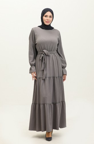 Belted Dress With Flounce Sleeves 0304-05 Gray 0304-05