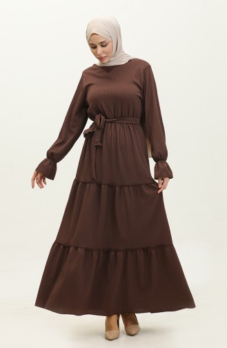 Hafza Shirred Skirt Double Layer Dress NZR003B-07 Brown 003B-07