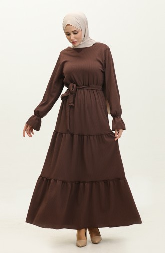 Belted Dress With Flounce Sleeves 0304-07 Brown 0304-07