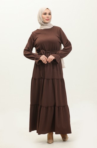 Belted Dress With Flounce Sleeves 0304-07 Brown 0304-07