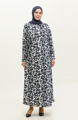 Patterned Long Dress 8687-01 Navy Blue 8687-01