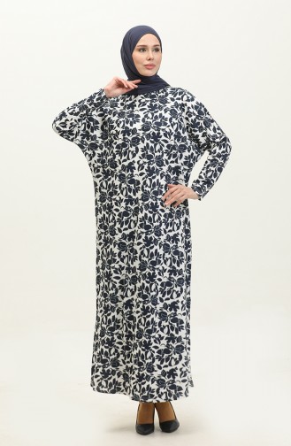 Patterned Long Dress 8687-01 Navy Blue 8687-01