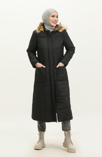 Vivezza Hooded Ray Pattern Quilted Fur Coat 8515-01 Black 8515-01
