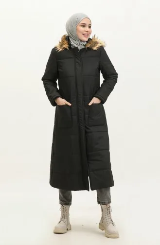 Vivezza Manteau à Capuche En Fourrure Matelassé à Motif Rayon 8515-01 Noir 8515-01
