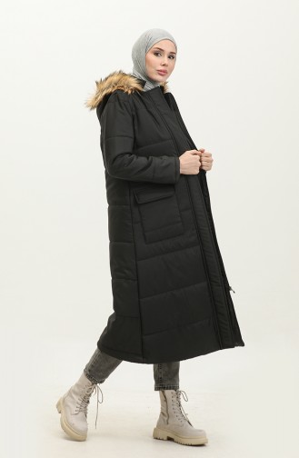 Vivezza Hooded Ray Pattern Quilted Fur Coat 8515-01 Black 8515-01