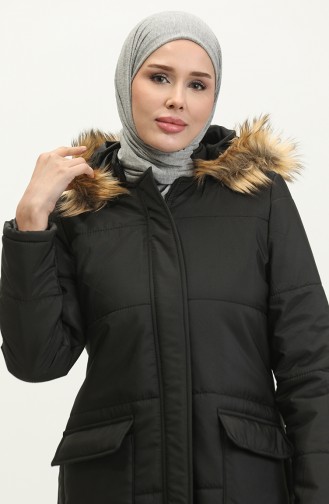 فيفيزا معطف فرو بتصميم مُبطن وغطاء للرأس 8515-01 لون أسود 8515-01