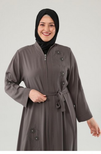 Embroidered Stoned Zippered Abaya Khaki 7847.Haki