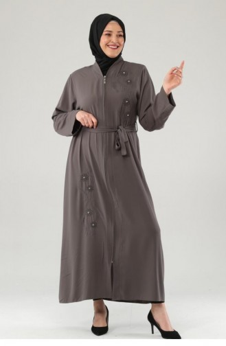 Embroidered Stoned Zippered Abaya Khaki 7847.Haki