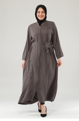 Embroidered Stoned Zippered Abaya Khaki 7847.Haki