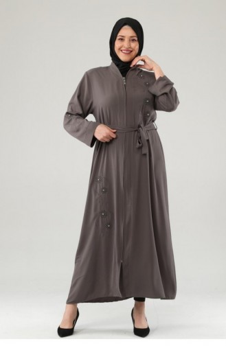 Embroidered Stoned Zippered Abaya Khaki 7847.Haki