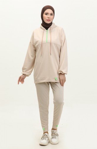 Neon Zippered Hooded Tracksuit Set Trn2040-1 2040-04 Cream 2040-04