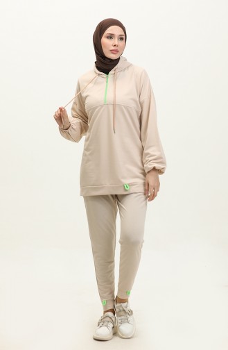 Neon Zippered Hooded Tracksuit Set Trn2040-1 2040-04 Cream 2040-04