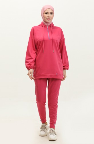 Neon Zippered Hooded Tracksuit Set 2040-01 Fuchsia 2040-01