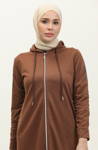 Front Zippered Hooded Sports Abaya 0008-02 Brown 0008-02